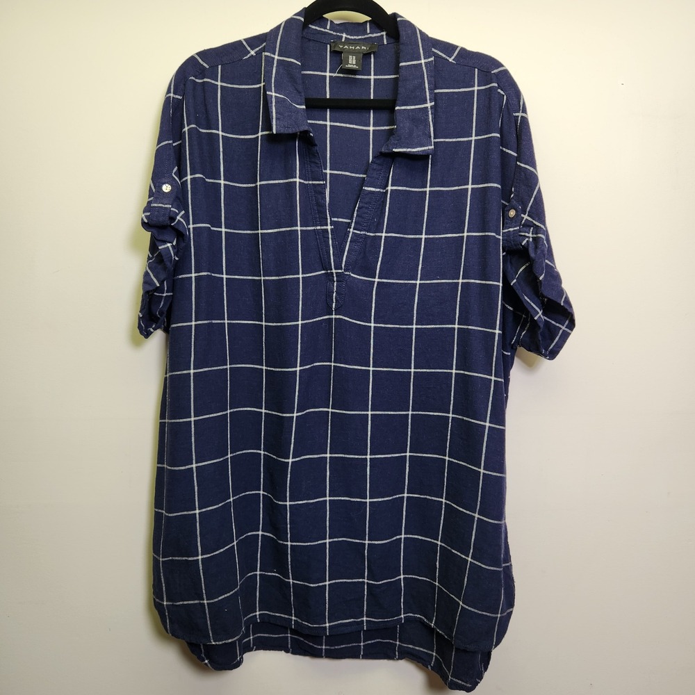 Tahari Windowpane Plaid Tunic Top 1X Linen Rayon Navy Blue Short‎ Sleeve V-Neck
